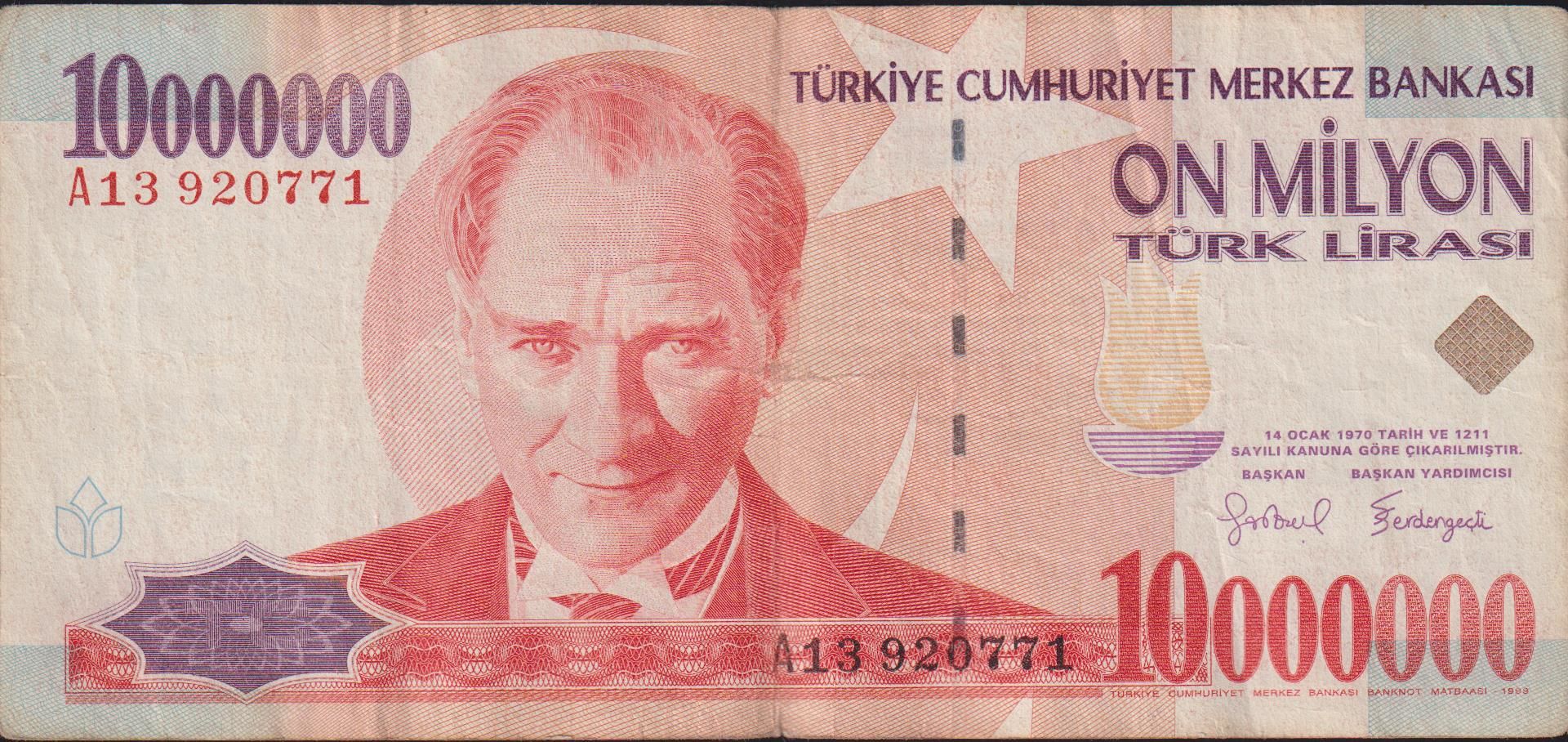 7.Emisyon 10 000 000 Lira A13 920771 Çok Temiz