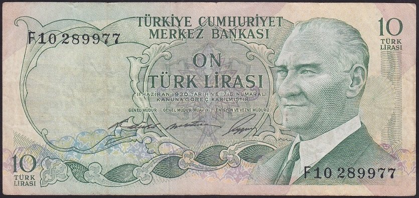 6.EMİSYON 1.TERTİP 10 LİRA F10 289977 ÇOK TEMİZ