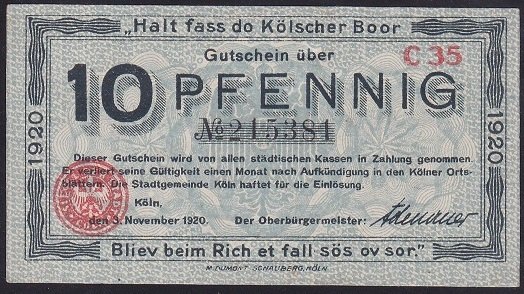 ALMANYA 10 PFENNİNG NOTGELD 1920 ÇİLALTI ÇİL