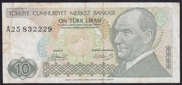 7.EMİSYON 1.TERTİP 10 LİRA A25 832229 ÇOK TEMİZ eski kağıt para mezat