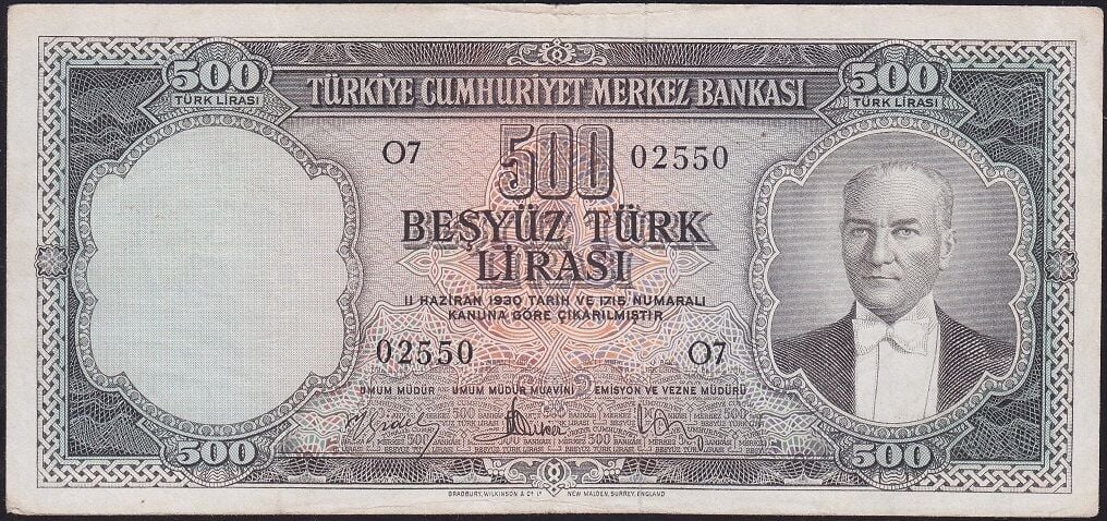 5.Emisyon 2.Tertip 500 Lira O7 02550 Çok Temiz