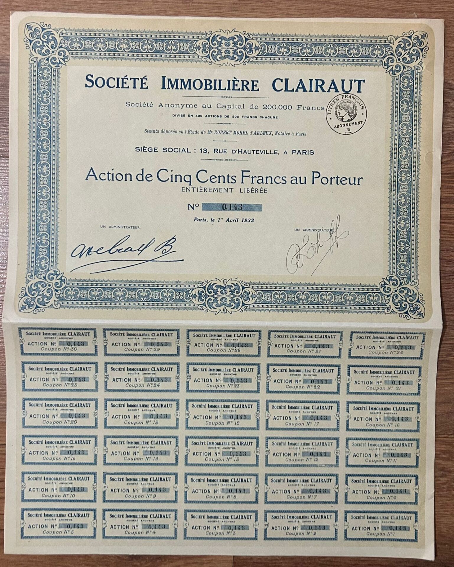 Hisse Senedi - CLAİRAUT 1932 ( 40 X 31,5 cm )
