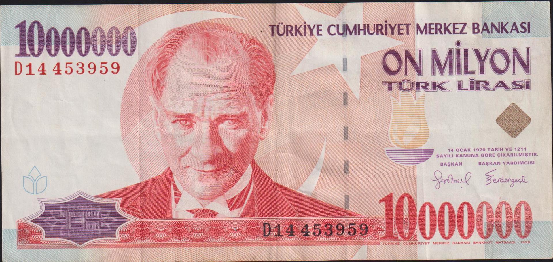 7.Emisyon 10 000 000 Lira D14 453959 Çok Temiz+