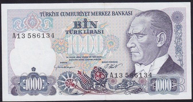 7.EMİSYON 1.TERTİP 1000 LİRA A13 586134 ÇİLALTI