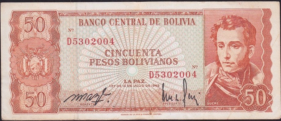 Bolivya 50 Bolivianos 1962 Çok Temiz + Pick162a