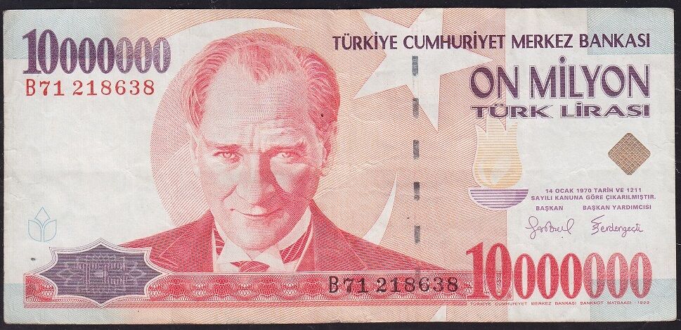 7.Emisyon 10 000 000 Lira B71 218638 Çok Temiz