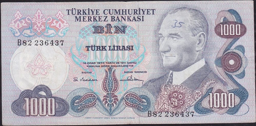6.Emisyon 1.Tertip 1000 Lira B82 236437 Çok Temiz