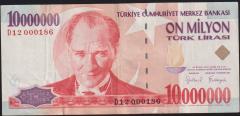 7.Emisyon 10 000 000 Lira D12 000186 Çok Temiz+