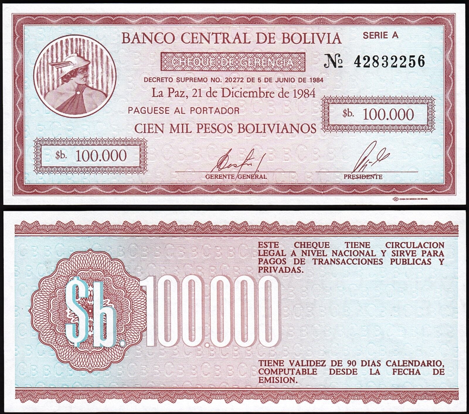 Bolivya 100000 Bolivianos 1984 Çil Pick 188