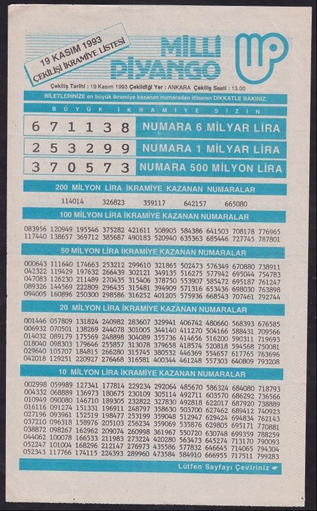 1993 19 KASIM PİYANGO LİSTESİ