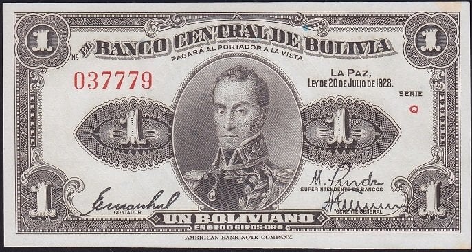 Bolivya 1 Boliviano 1928 Çilaltı Çil Pick 119