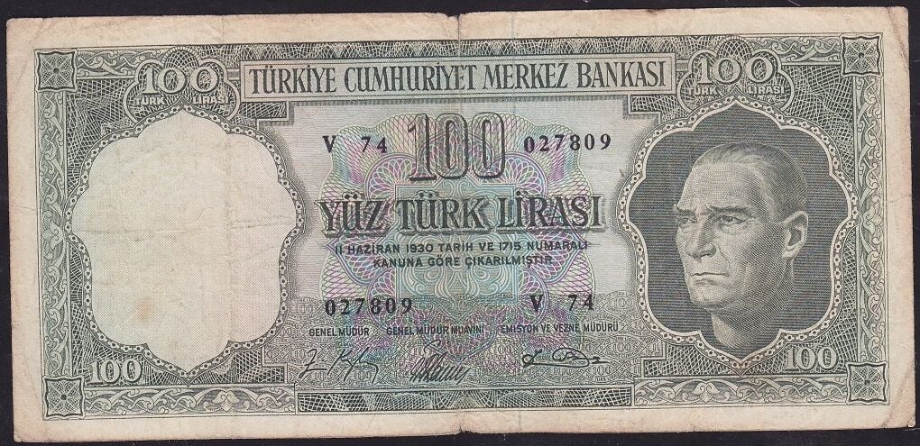 5.Emisyon 5.Tertip 100 Lira V74 027809 Çok Temiz