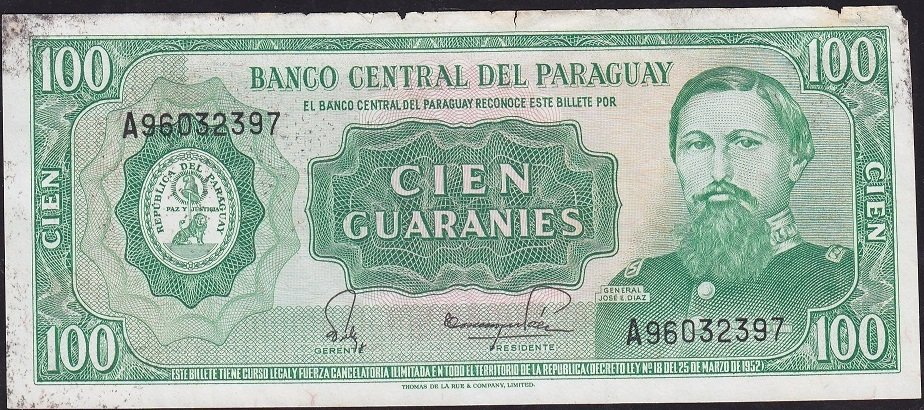 Paraguay 100 Guaraines 1952 Haliyle Pick205