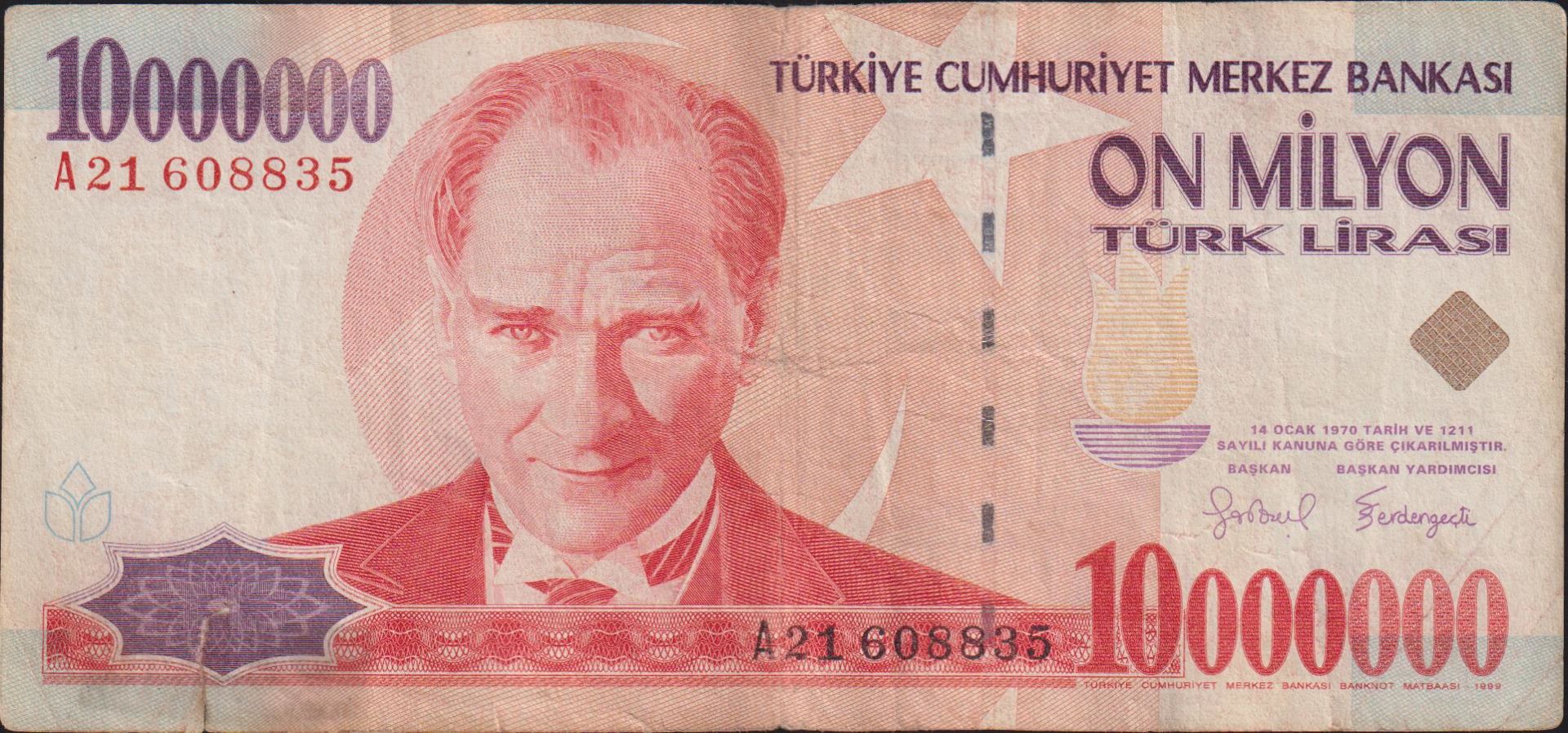 7.Emisyon 10 000 000 Lira A21 608835 Haliyle