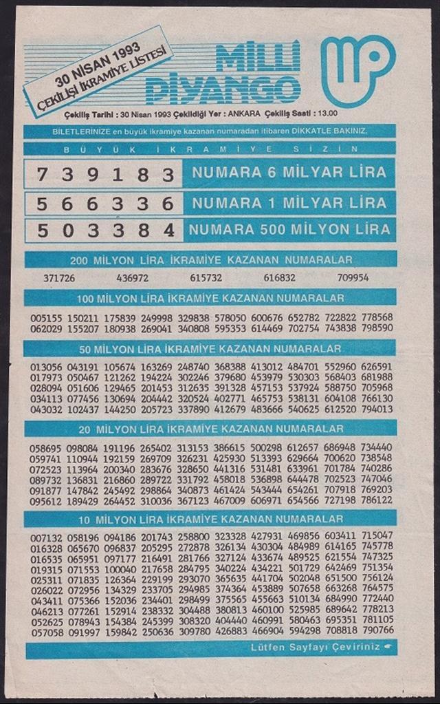 1993 30 NİSAN PİYANGO LİSTESİ