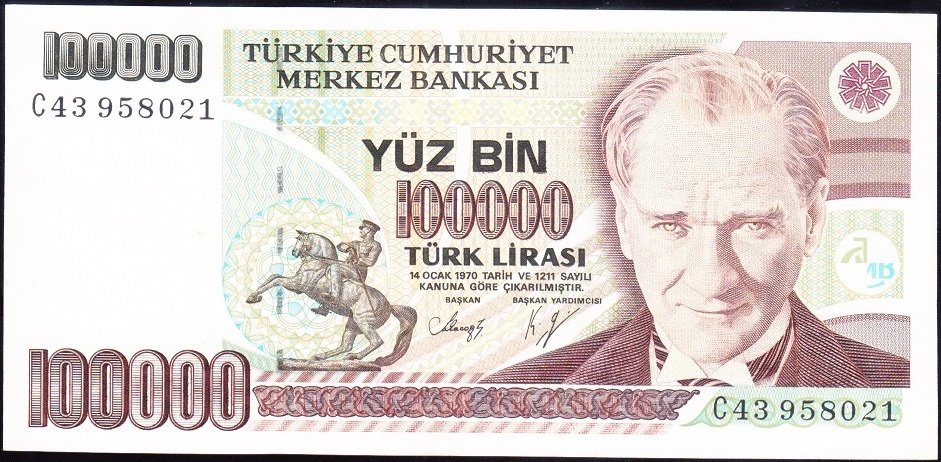 7.Emisyon 1.Tertip 100000 Lira C43 958021 Çok Çok Temiz Çilaltı