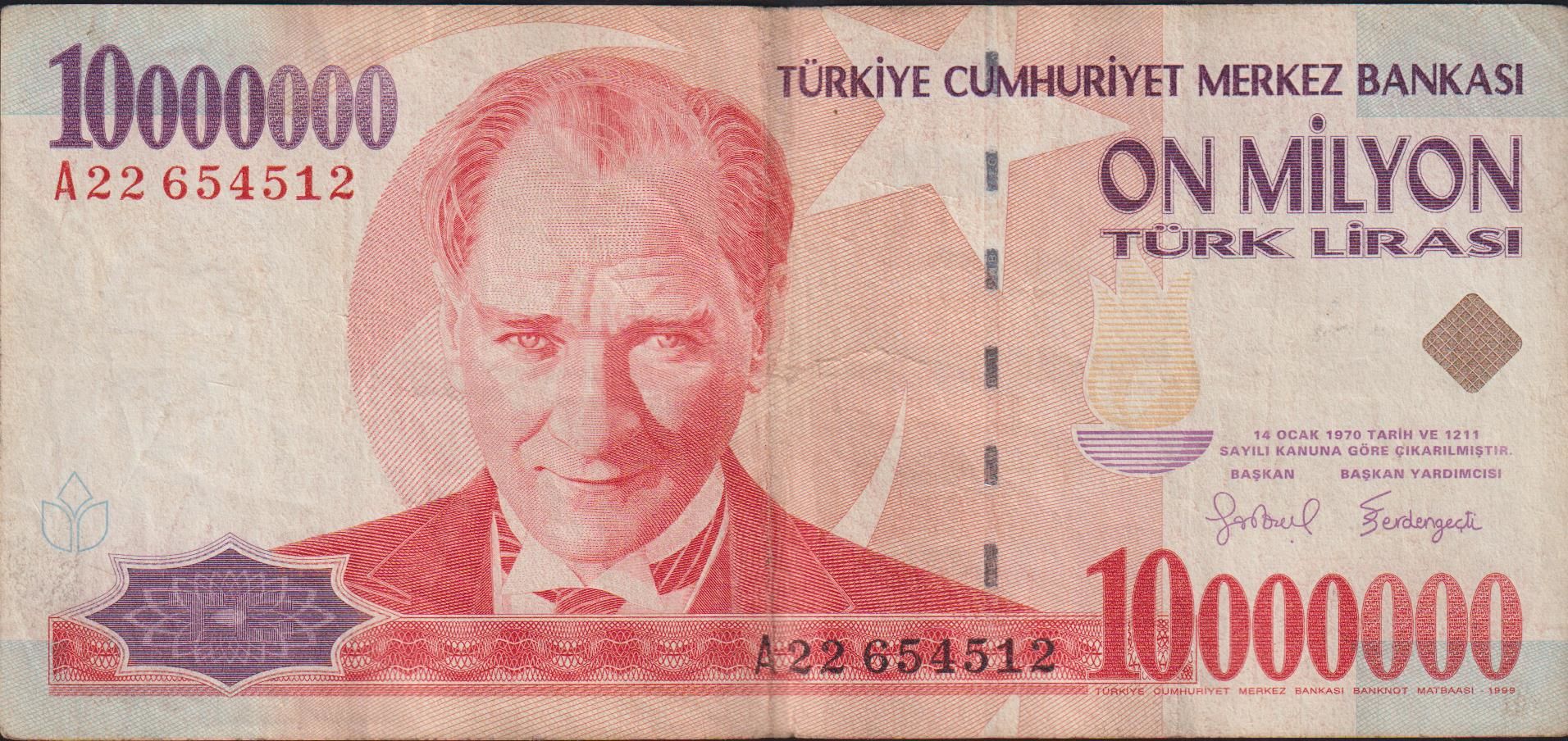 7.Emisyon 10 000 000 Lira A22 654512 Çok Temiz