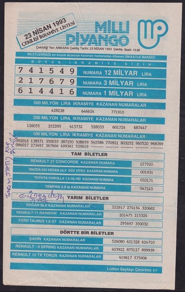 1993 23 NİSAN PİYANGO LİSTESİ