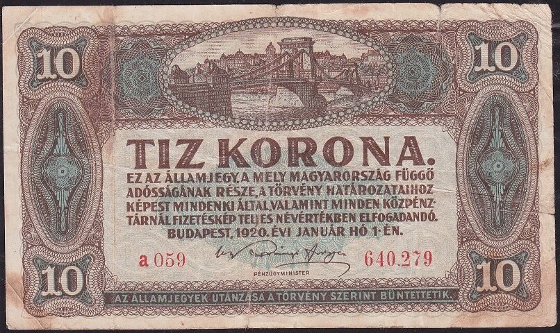 Macaristan 10 Korona 1920 Temiz