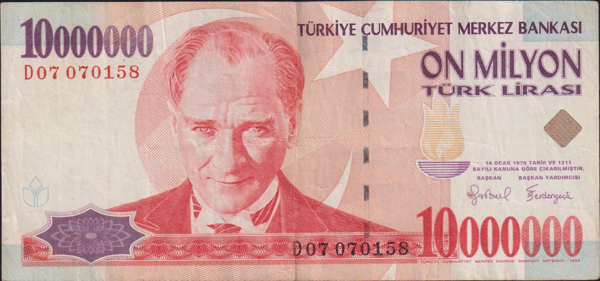 7.Emisyon 10 000 000 Lira D07 070158 Çok Temiz