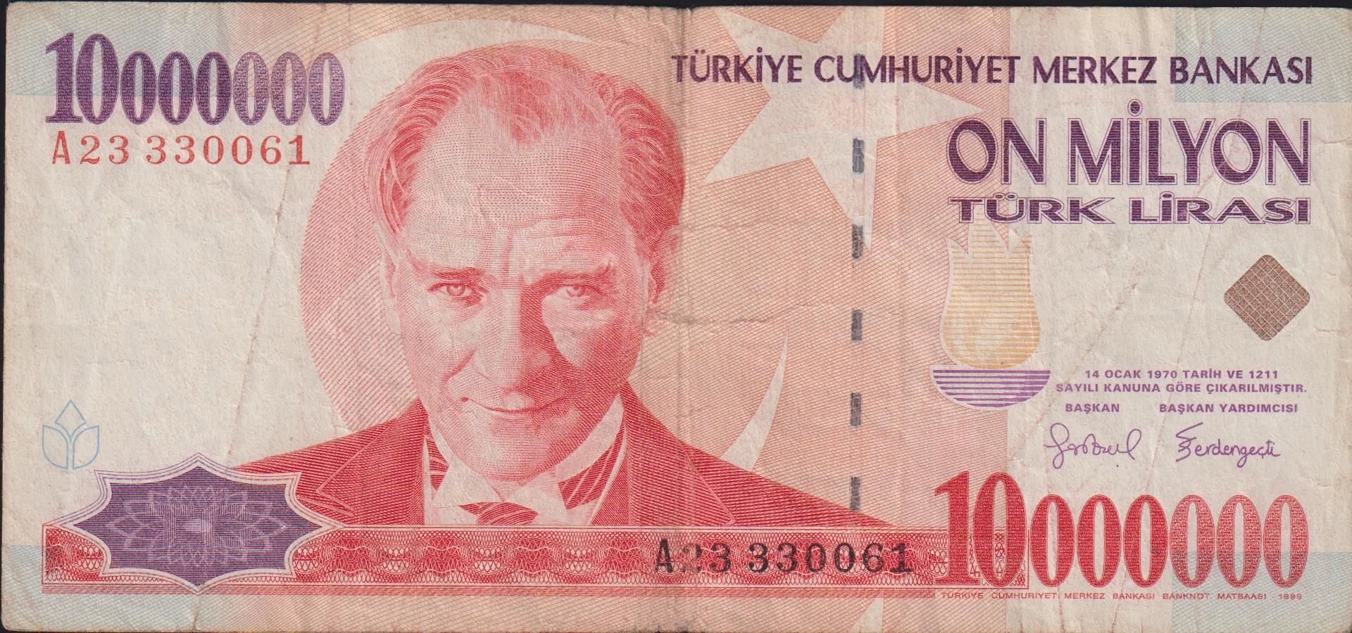 7.Emisyon 10 000 000 Lira A23 330061 Çok Temiz