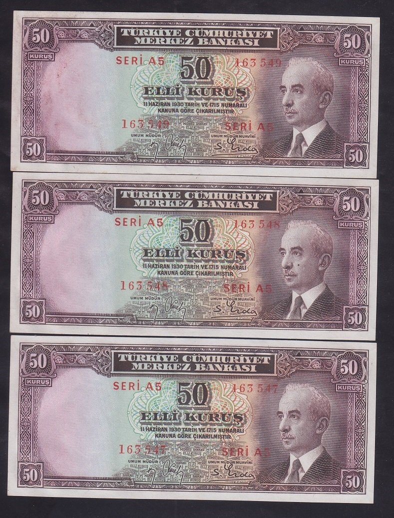 2.EMİSYON BATAN GEMİ 50 KURUŞ A5 163547-48-49 SERİ TAKİPLİ 3 ADET DENİZDEN ÇIKTIĞI GİBİ eski kağıt para değerleri