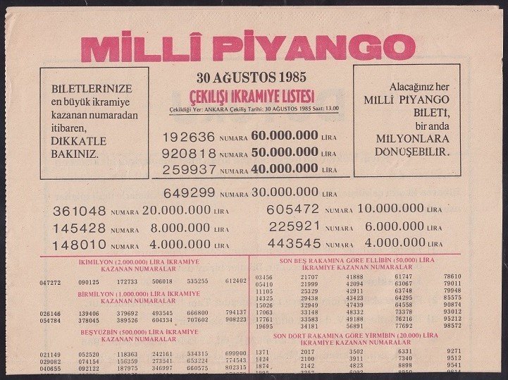 1985 30 AĞUSTOS PİYANGO LİSTESİ