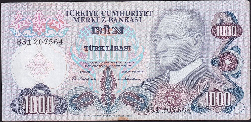 6.Emisyon 1.Tertip 1000 Lira B51 207564 Çok Temiz