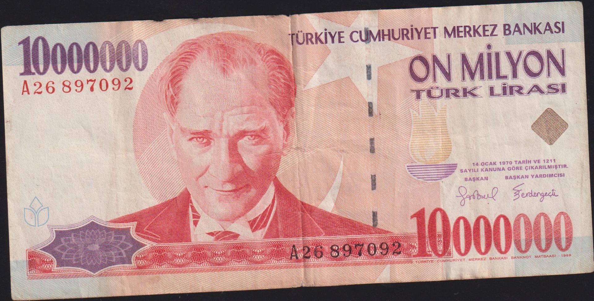 7.Emisyon 10 000 000 Lira A26 897092 Temiz (orta bordurde açıklık var)