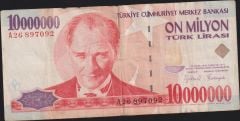 7.Emisyon 10 000 000 Lira A26 897092 Temiz (orta bordurde açıklık var)