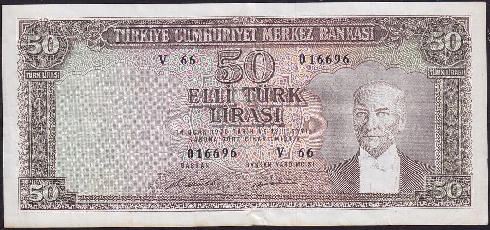 5.Emisyon 7.Tertip 50 Lira V66 016696 Çok Temiz+