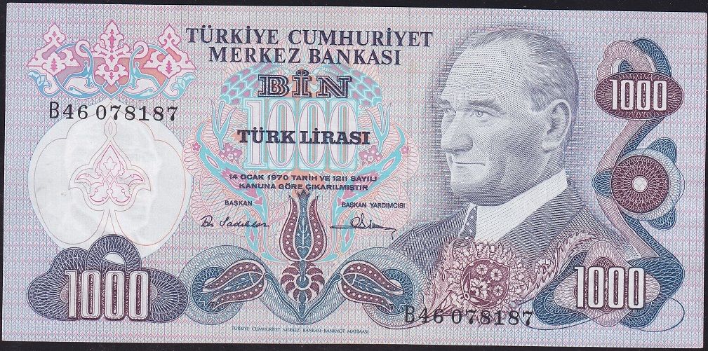 6.Emisyon 1.Tertip 1000 Lira B46 078187 Çilaltı