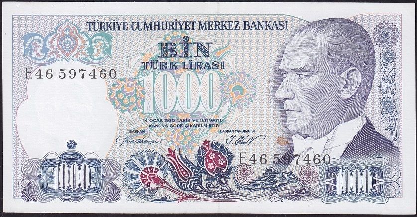 7.Emisyon 1.Tertip 1000 Lira E46 597460 Ççt Çilaltı