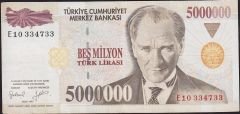 7.Emisyon 5 000 000 Lira E10 334733 Çok Temiz+