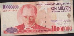 7.Emisyon 10 000 000 Lira A27 909354 Çok Temiz