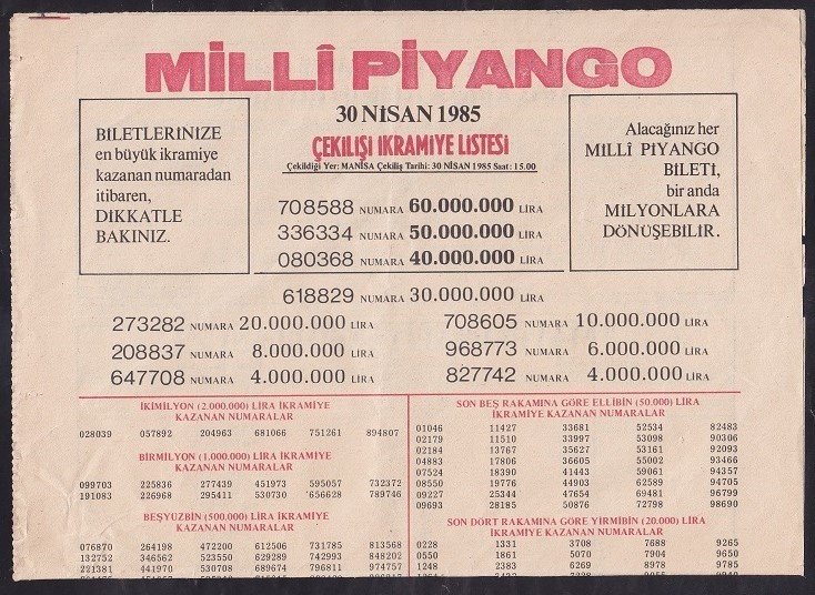 1985 30 NİSAN PİYANGO LİSTESİ