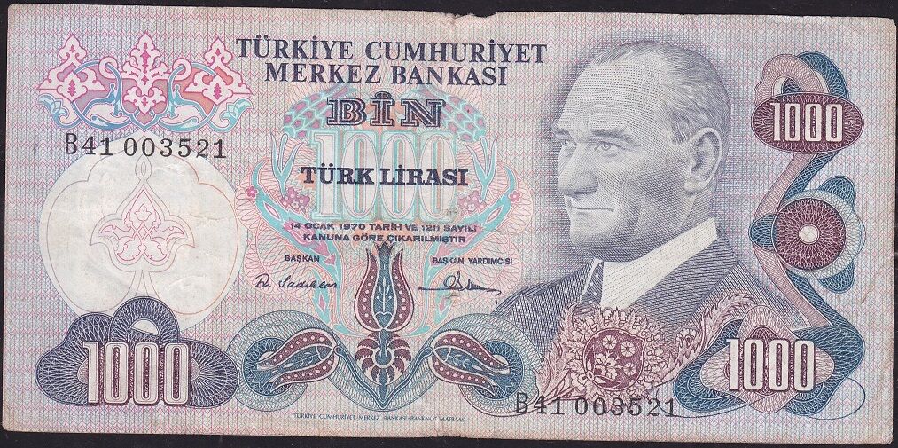 6.Emisyon 1.Tertip 1000 Lira B41 003521 Temiz