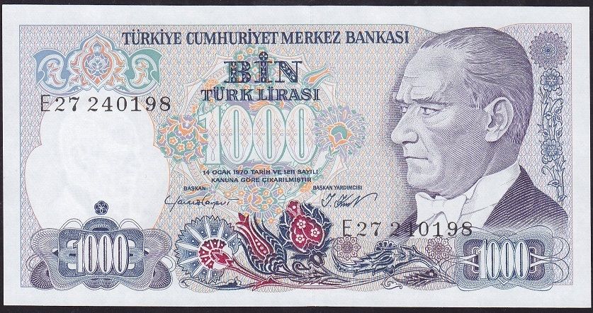 7.Emisyon 1.Tertip 1000 Lira E27 240198 Çilaltı Çil