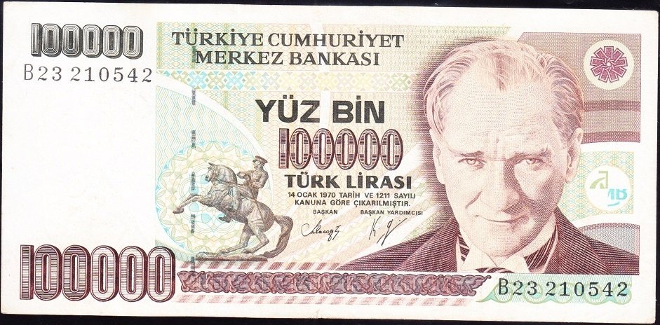7.Emisyon 1.Tertip 100000 Lira B23 210542 Çok Temiz