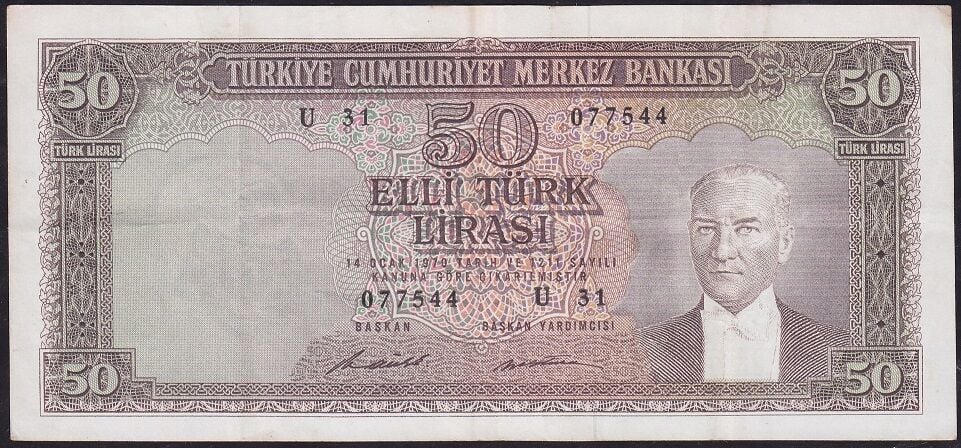 5.Emisyon 7.Tertip 50 Lira U31 077544 Çok Temiz+