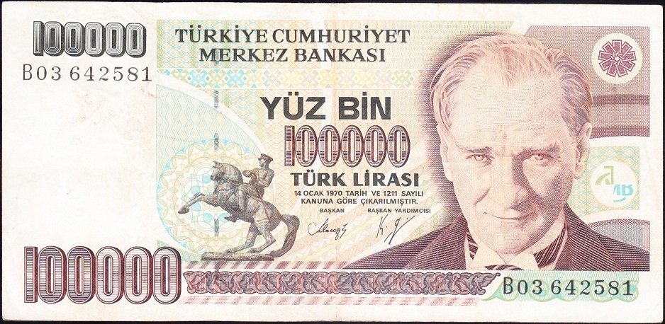 7.Emisyon 1.Tertip 100000 Lira B03 642581 Çok Temiz
