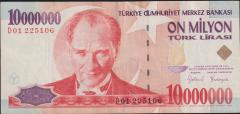 7.Emisyon 10 000 000 Lira D01 225106 Çok Temiz+