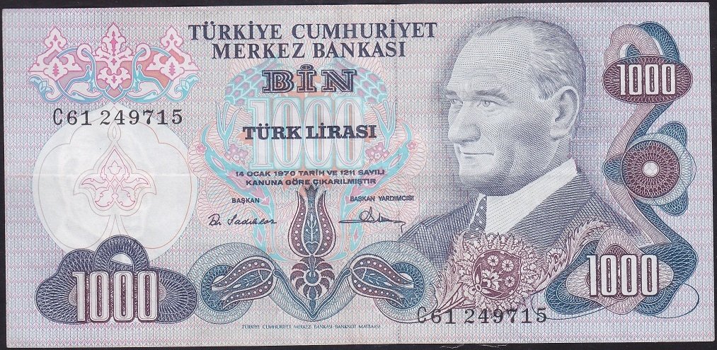 6.EMİSYON 1.TERTİP 1000 LİRA C61 249715 ÇOK TEMİZ +