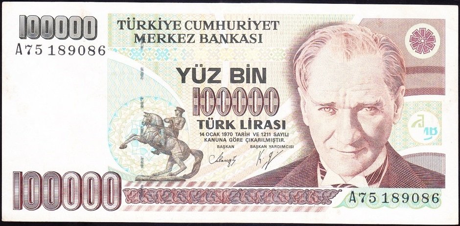 7.Emisyon 1.Tertip 100000 Lira A75 189086 Çok Temiz +
