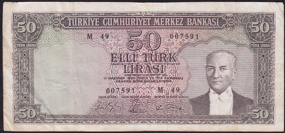 5.Emisyon 6.Tertip 50 Lira M49 007591 Çok Temiz