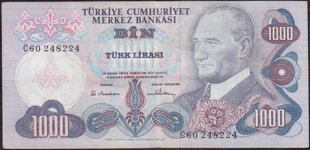 6.EMİSYON 1.TERTİP 1000 LİRA C60 248224 ÇOK TEMİZ +