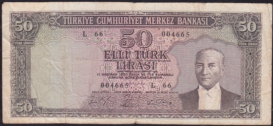 5.Emisyon 6.Tertip 50 Lira L66 004665 Çok Temiz
