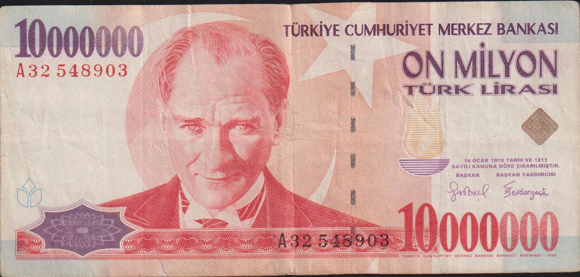 7.Emisyon 10 000 000 Lira A32 548903 Temiz+