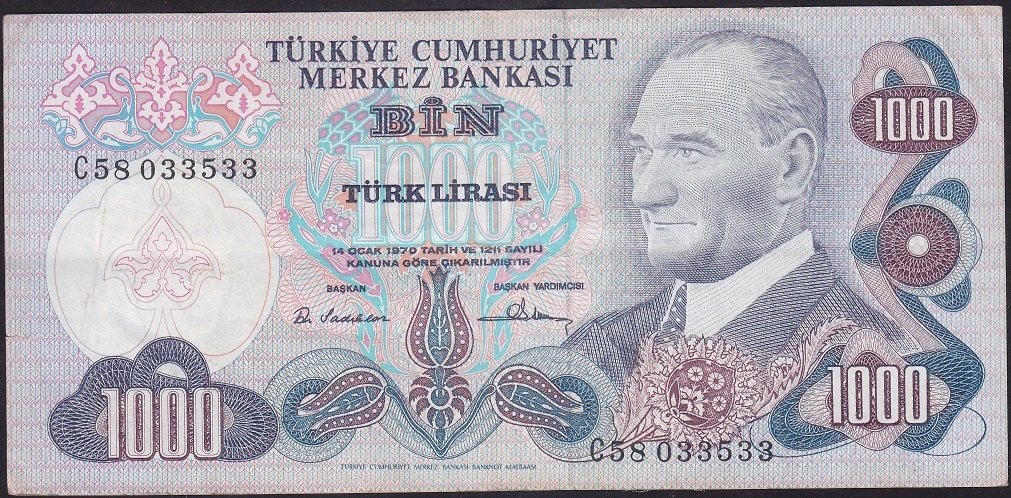 6.EMİSYON 1.TERTİP 1000 LİRA C58 033533 ÇOK TEMİZ