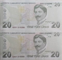 9.Emisyon 6.Tertip 20 Lira G001 210299 - 210300 Seri Takipli Çil
